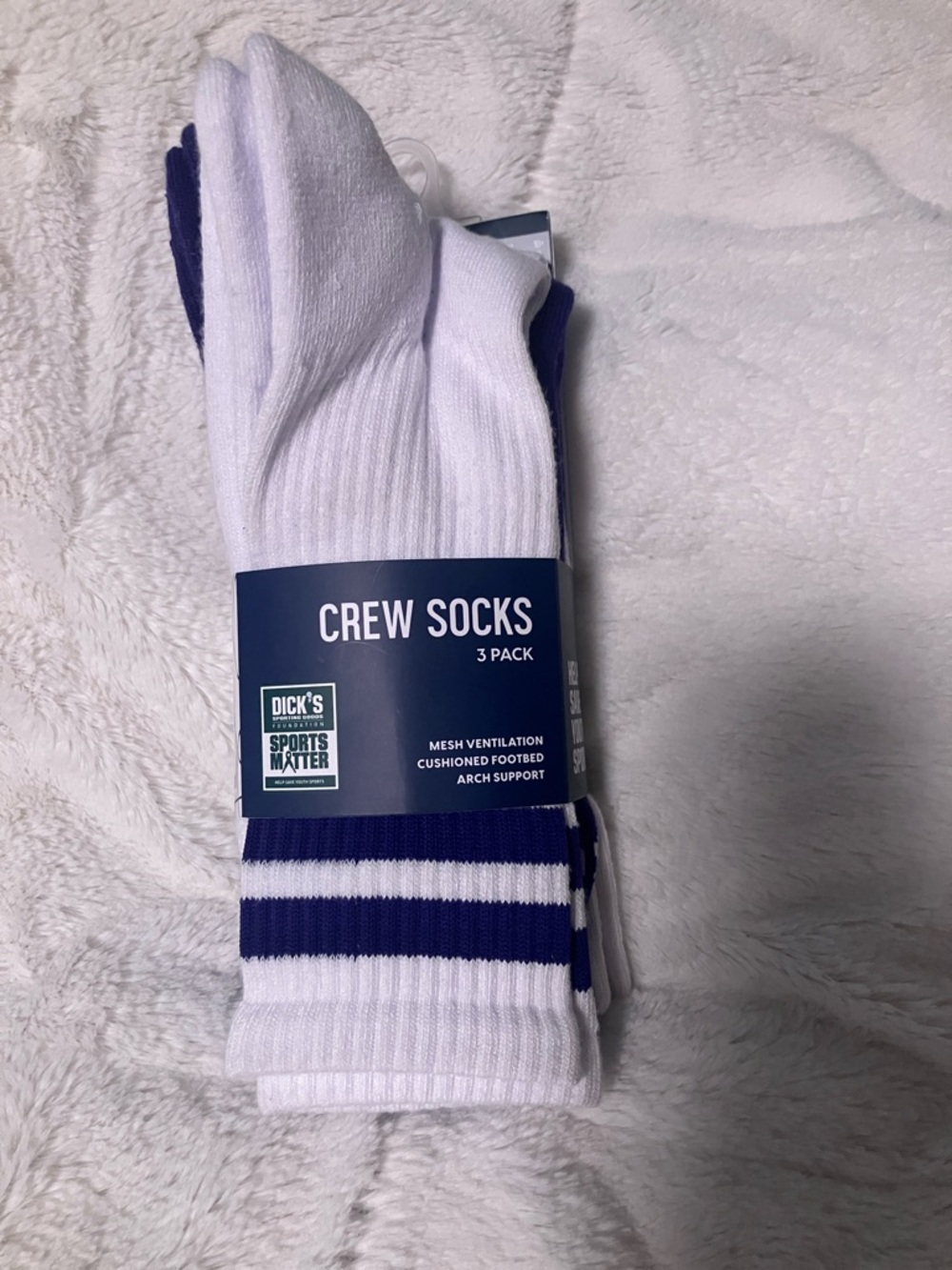 DSG White Crew Athletic Socks with Blue Stripes - 3 Pack
